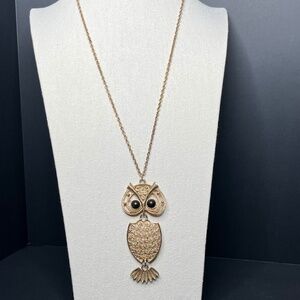 Vintage Signed COVENTRY Gold Tone Metal Articulated Black Eye Owl Necklace